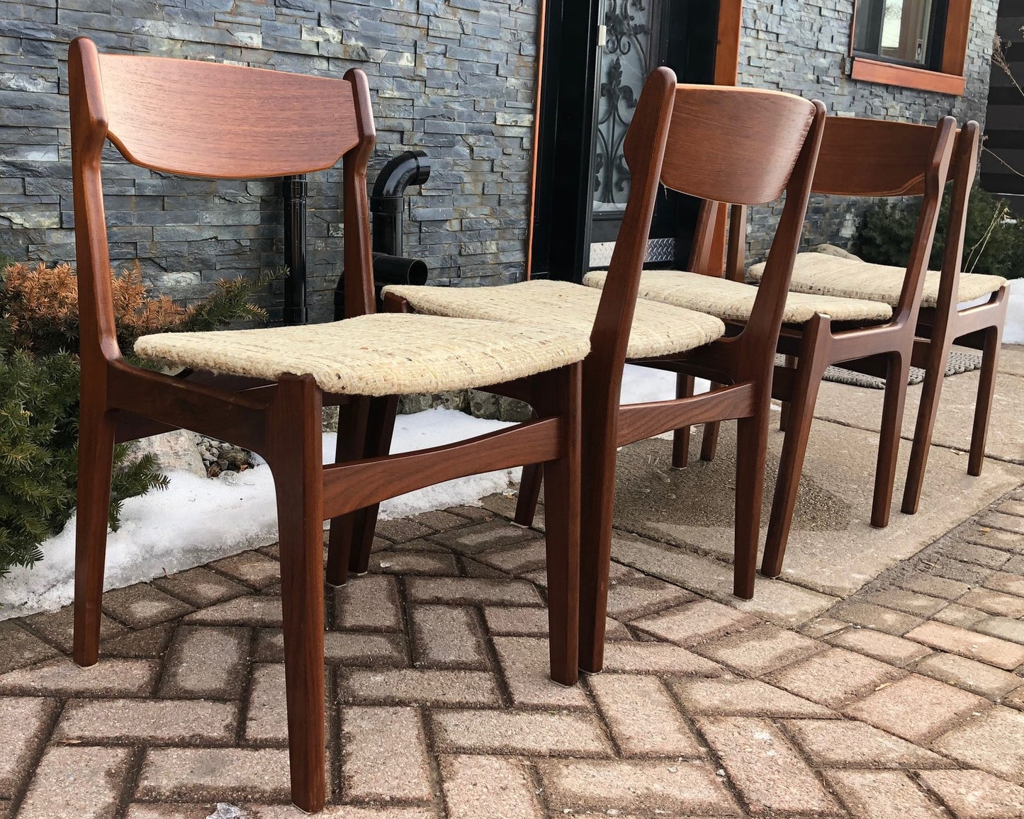 4 Danish MCM Teak Chairs with floating seats will be custom REUPHOLSTERED - Mid Century Modern Toronto