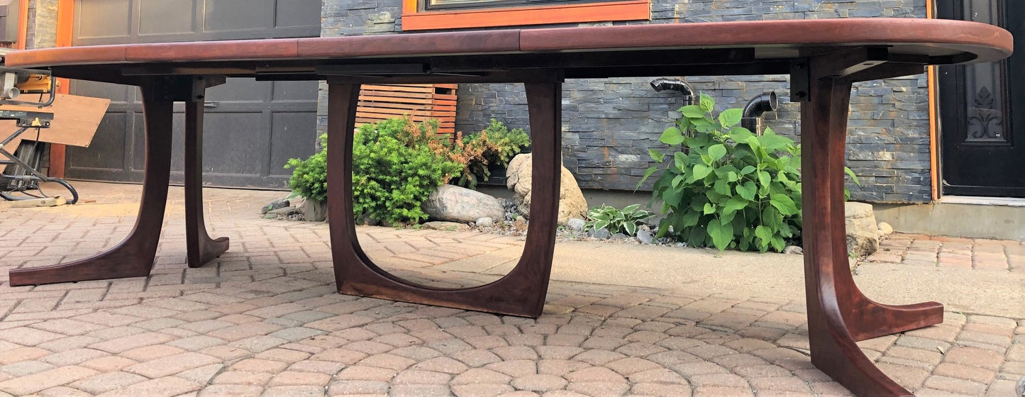 ON HOLD REFINISHED Large Danish MCM Brazilian Rosewood Table w 2 Leaves 70"-117"PERFECT, treated for durability - Mid Century Modern Toronto