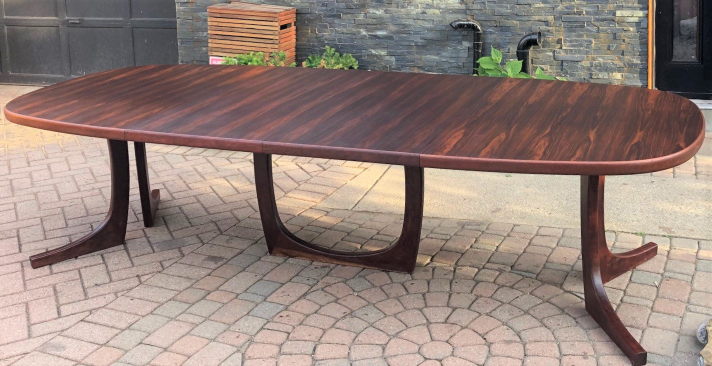 ON HOLD REFINISHED Large Danish MCM Brazilian Rosewood Table w 2 Leaves 70"-117"PERFECT, treated for durability - Mid Century Modern Toronto