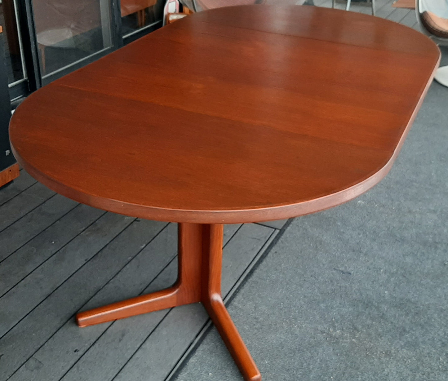 REFINISHED Danish MCM Teak Table Round to Oval w 2 leaves 47"-87", pedestal legs- SUPER SALE - Mid Century Modern Toronto