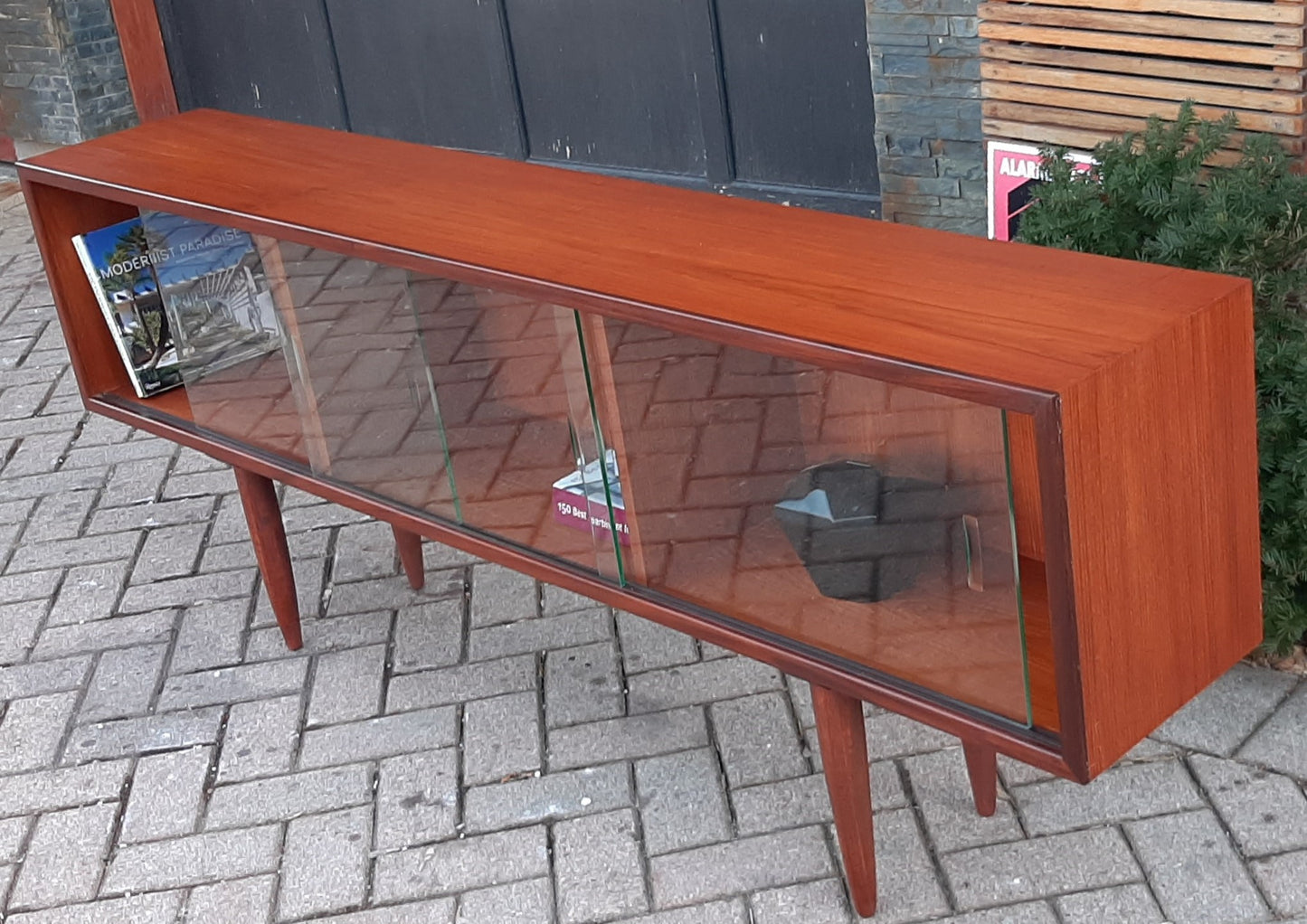 REFINISHED MCM Teak Bookcase Display w 4 sliding glass doors 72", PERFECT - Mid Century Modern Toronto