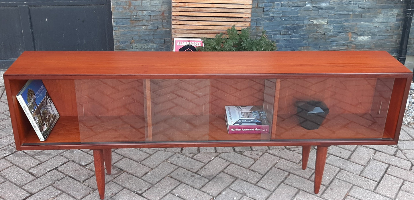 REFINISHED MCM Teak Bookcase Display w 4 sliding glass doors 72", PERFECT - Mid Century Modern Toronto