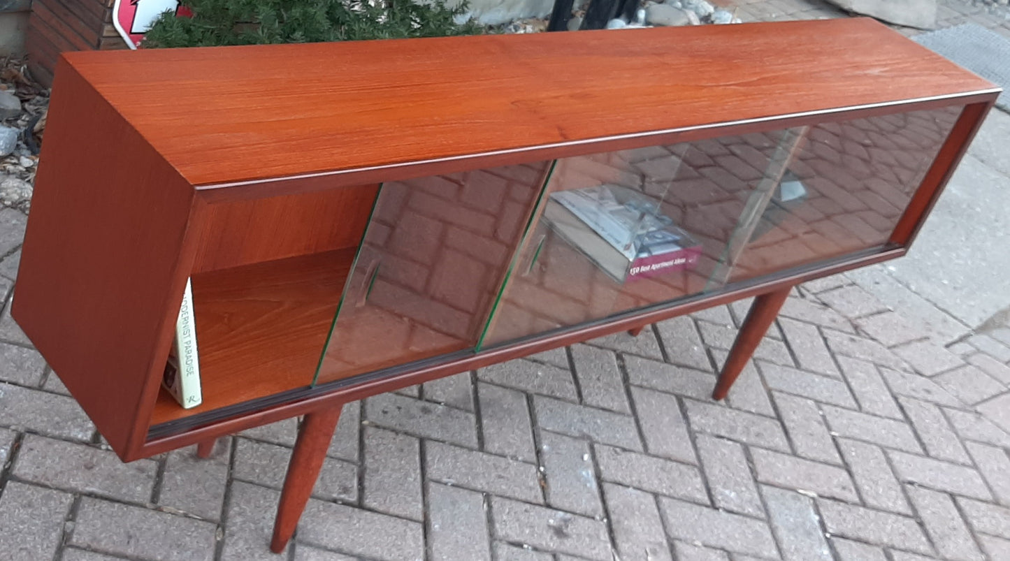 REFINISHED MCM Teak Bookcase Display w 4 sliding glass doors 72", PERFECT - Mid Century Modern Toronto