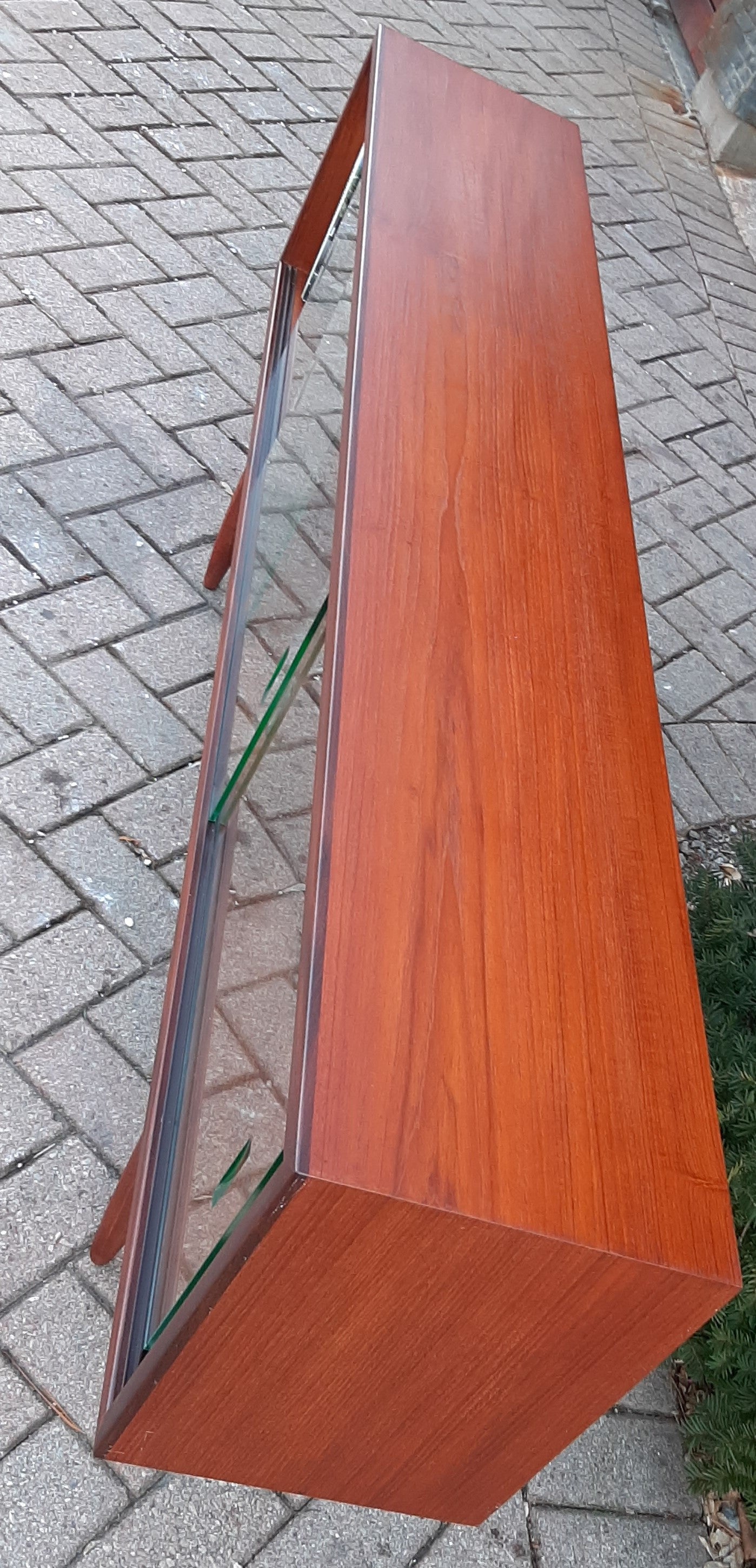 REFINISHED MCM Teak Bookcase Display w 4 sliding glass doors 72", PERFECT - Mid Century Modern Toronto