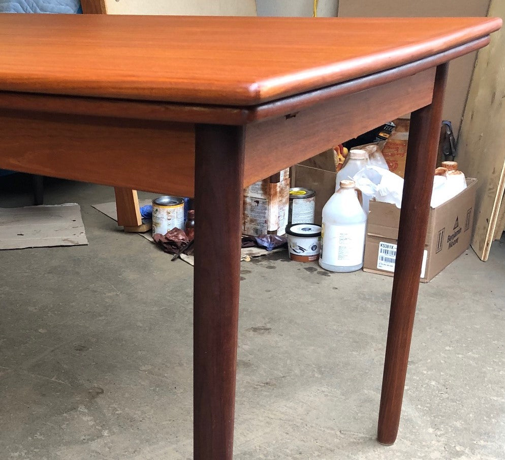 ON HOLD for Nancy K. REFINISHED Compact Danish MCM Teak Draw Leaf Table 48"-84" PERFECT, treated for durability - Mid Century Modern Toronto