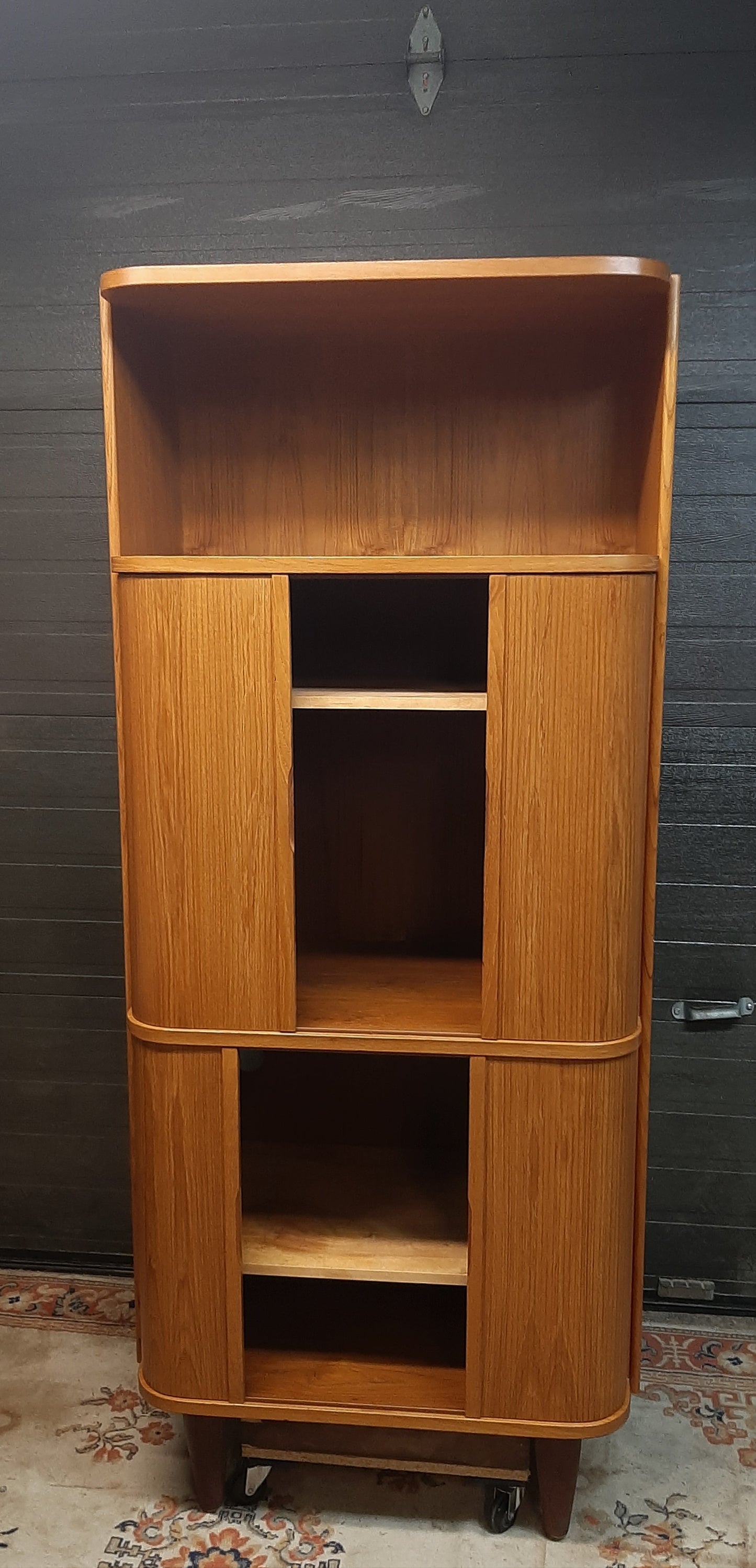 Restored Danish MCM Teak Tall Cabinet w Tambour Doors / Roll-Front, perfect - Mid Century Modern Toronto