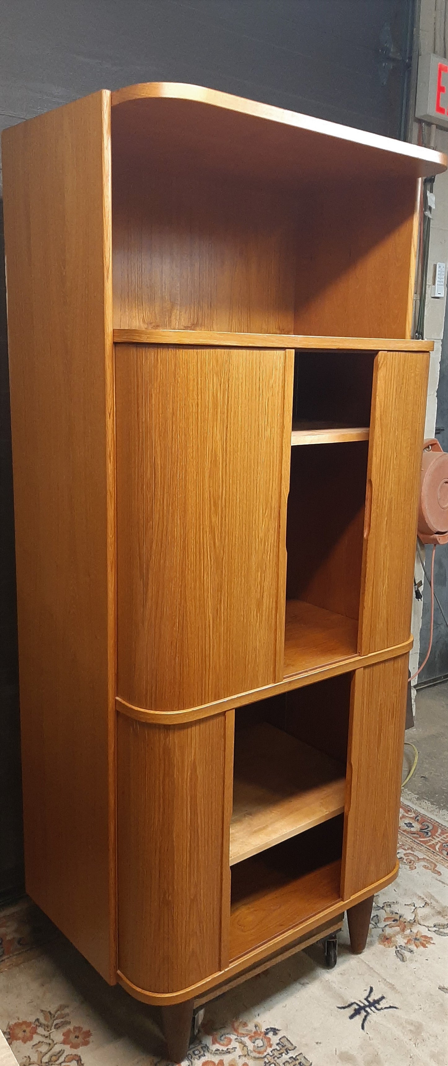 Restored Danish MCM Teak Tall Cabinet w Tambour Doors / Roll-Front, perfect - Mid Century Modern Toronto