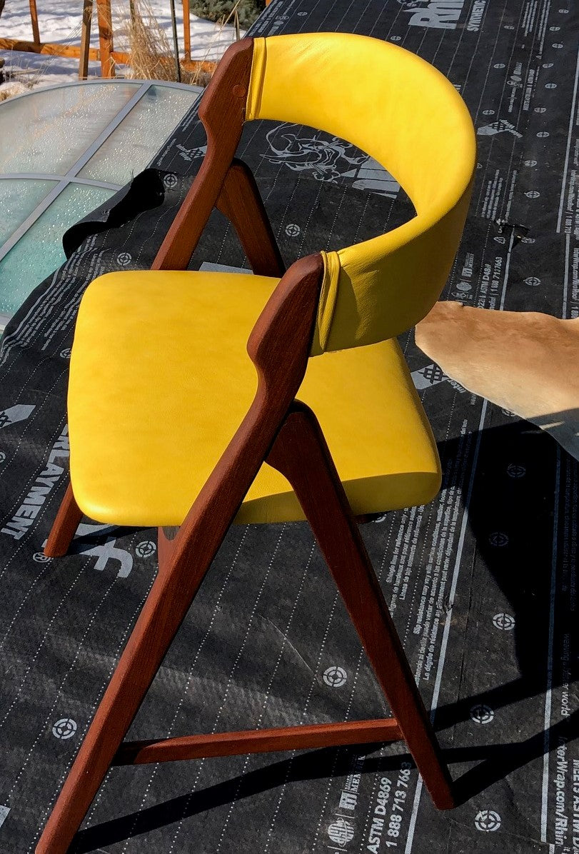 2 Danish MCM Teak Chairs by TH Harlev REFINISHED REUPHOLSTERED in yellow leather, each $449 - Mid Century Modern Toronto