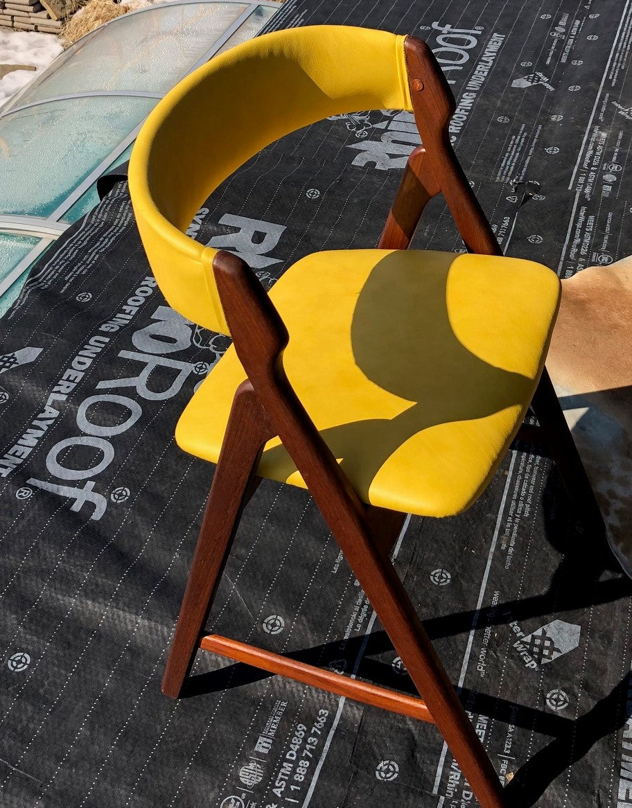 2 Danish MCM Teak Chairs by TH Harlev REFINISHED REUPHOLSTERED in yellow leather, each $449 - Mid Century Modern Toronto
