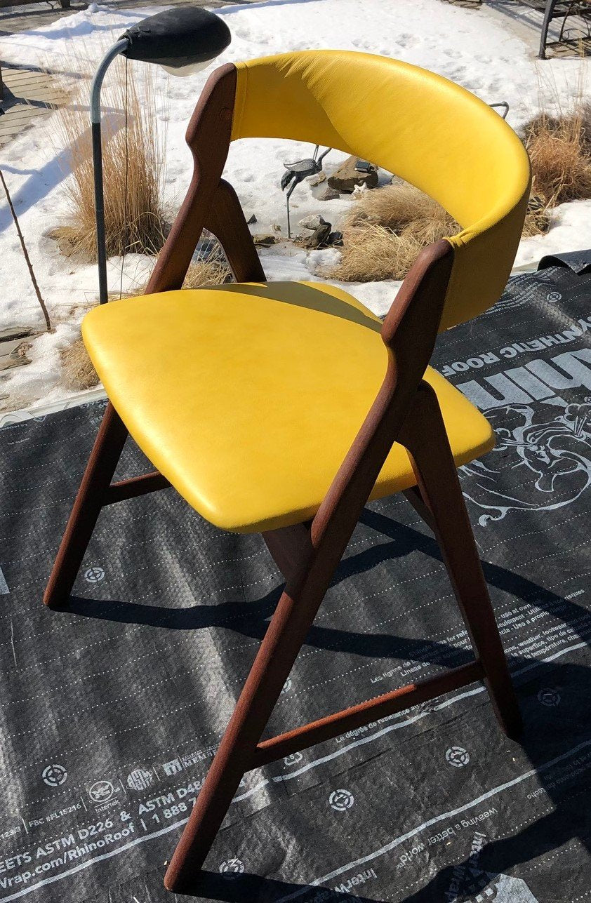 2 Danish MCM Teak Chairs by TH Harlev REFINISHED REUPHOLSTERED in yellow leather, each $449 - Mid Century Modern Toronto