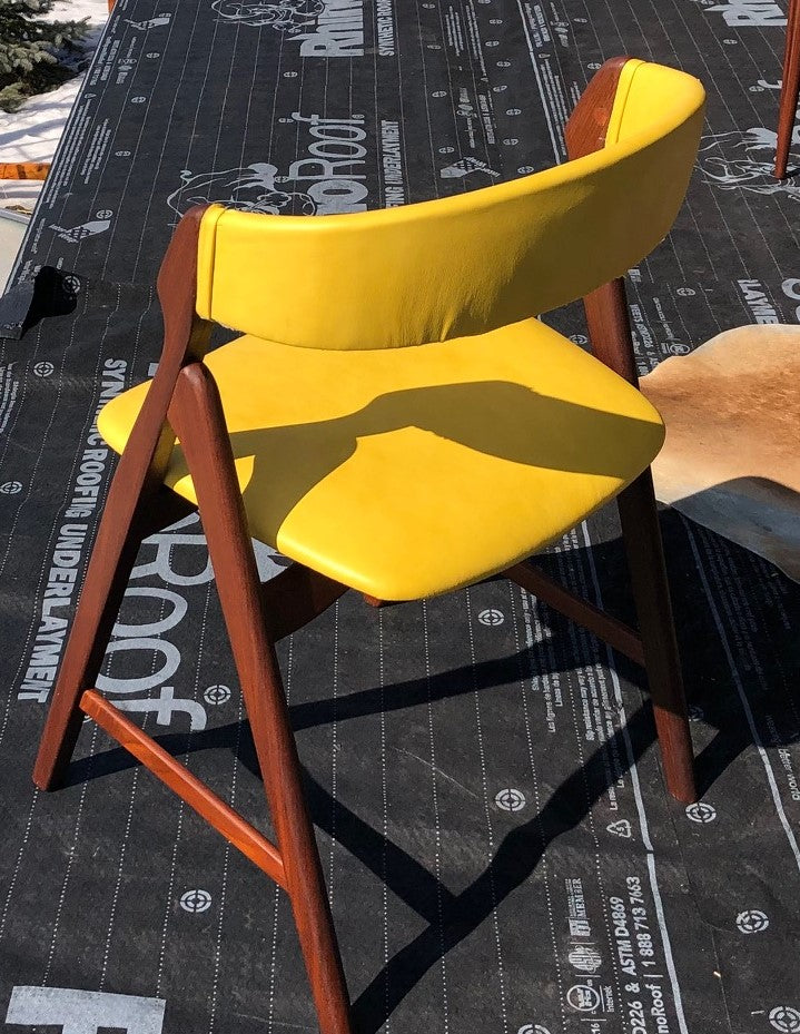 2 Danish MCM Teak Chairs by TH Harlev REFINISHED REUPHOLSTERED in yellow leather, each $449 - Mid Century Modern Toronto