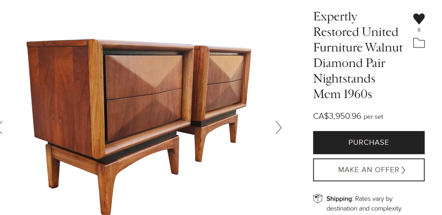 2 REFINISHED Mid Century Modern Walnut Diamond Front Nightstands V. Kagan style