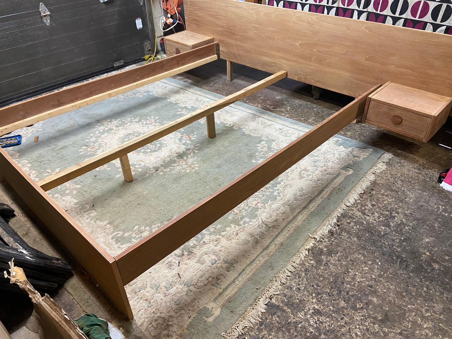 Coming***REFINISHED Mid Century Modern Teak Bed w floating nightstands Queen