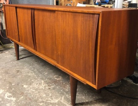 REFINISHED Mid-Century Modern Teak Sideboard w 4 sliding doors 77” Narrow - Mid Century Modern Toronto