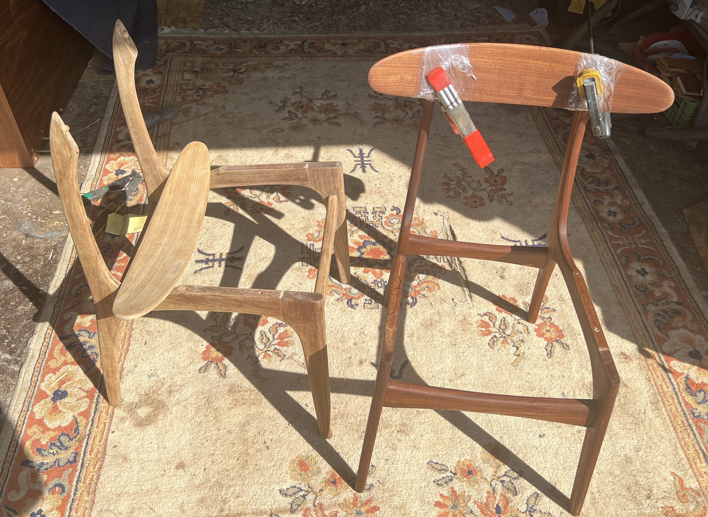 4 REFINISHED Mid Century Modern Teak Afromosia Chairs, will be REUPHOLSTERED