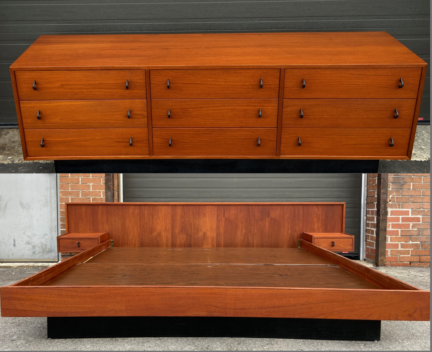 REFINISHED MCM Teak King Bed w Floating Nightstands and 9 Drawers Dres