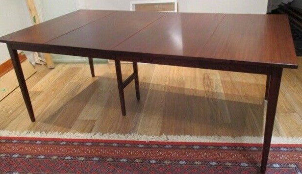 REFINISHED MCM Solid Teak Dining Table w 3 leaves 36"-96", seats 4-10/12 PERFECT, treated for durability - Mid Century Modern Toronto