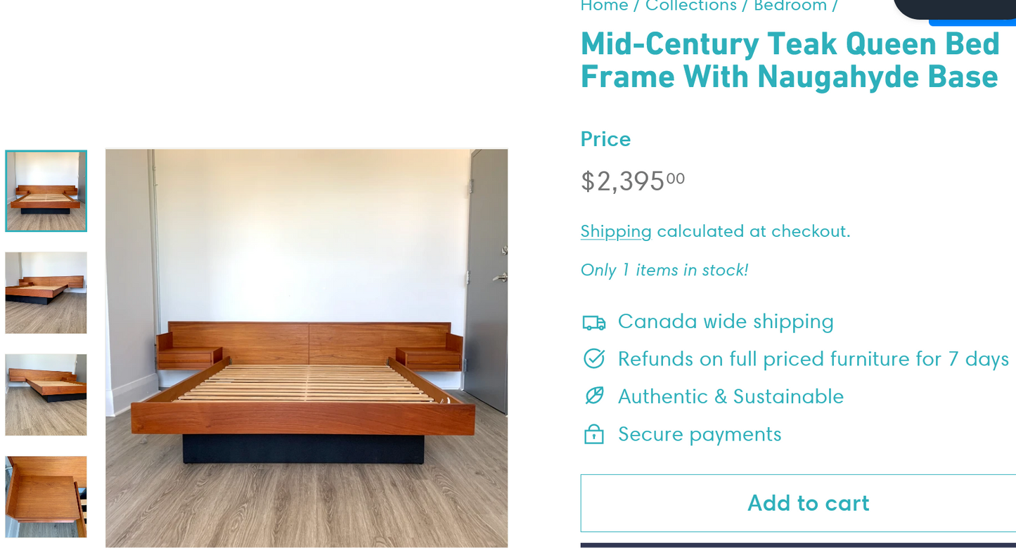 REFINISHED Mid Century Modern Rosewood Bed w floating nightstands Queen, PERFECT