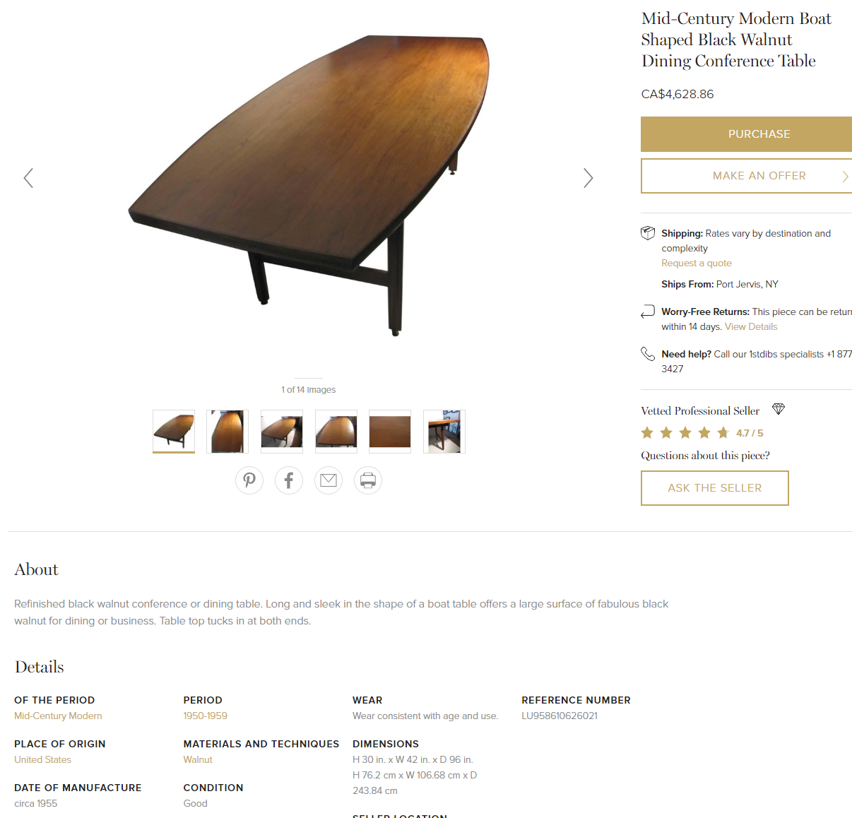 SOLD ****REFINISHED MCM Walnut dining or boardroom table boat shaped by Jens Risom 8ft, PERFECT, treated for durability - Mid Century Modern Toronto