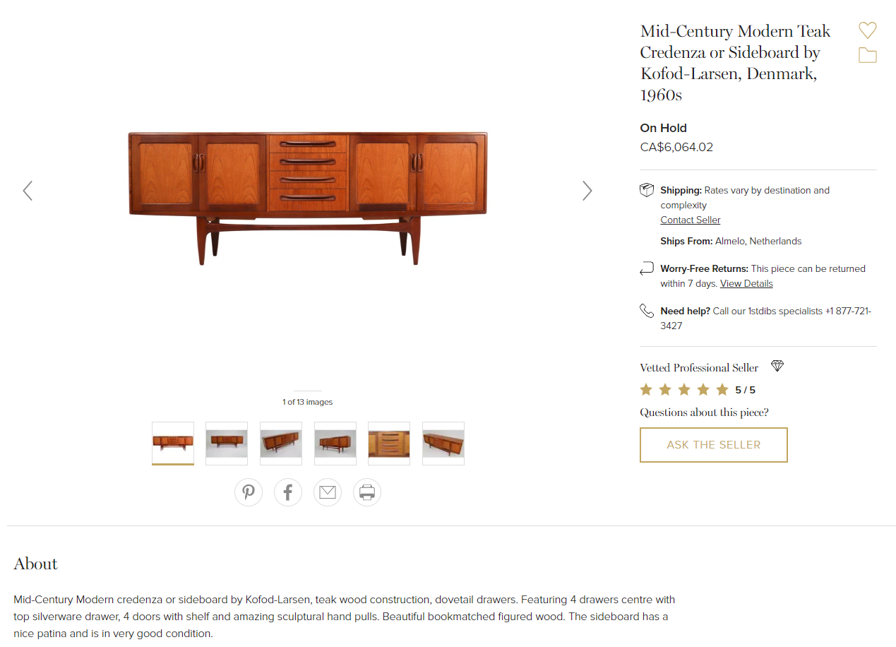 REFINISHED Danish MCM Teak Credenza Sideboard by Kofod-Larsen, almost perfect, 84" - Mid Century Modern Toronto