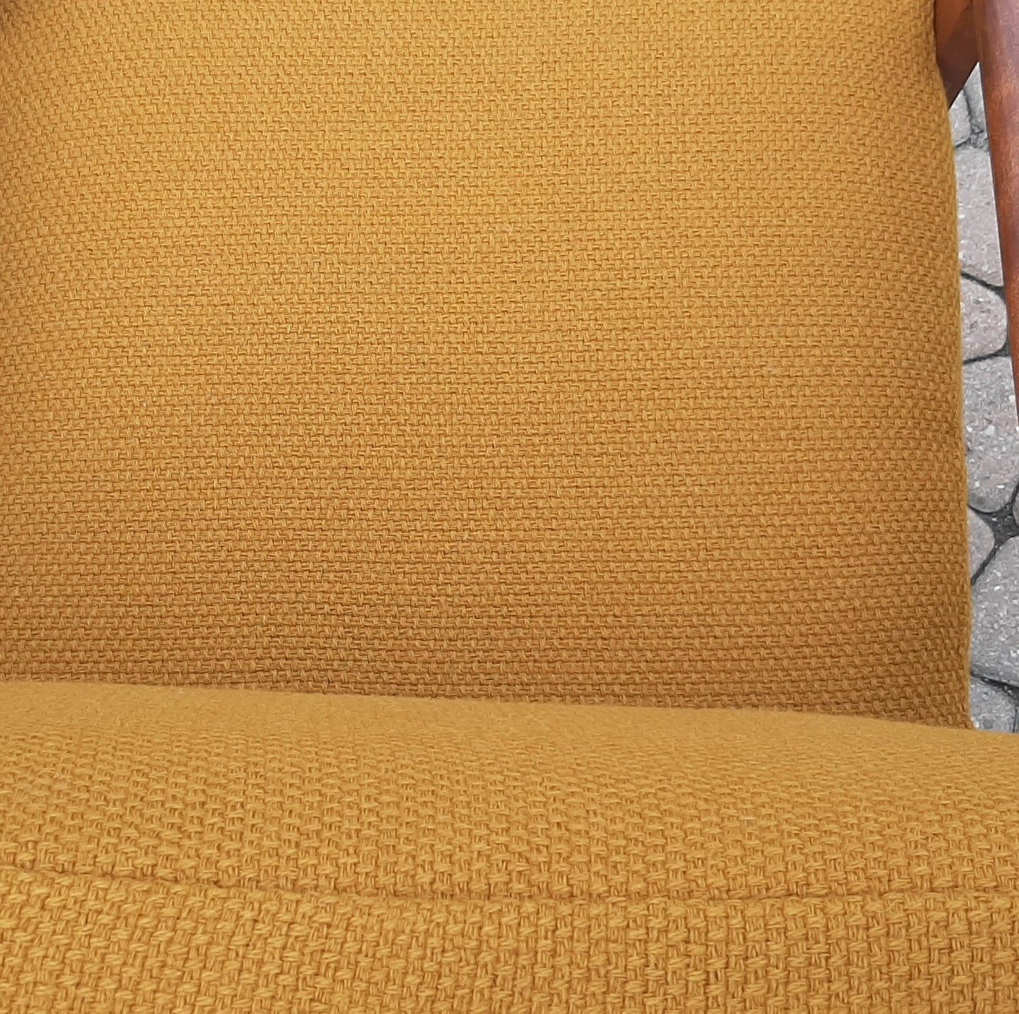 Set of 2 REFINISHED REUPHOLSTERED MCM Solid Wood Lounge Armchairs in mustard wool, like new