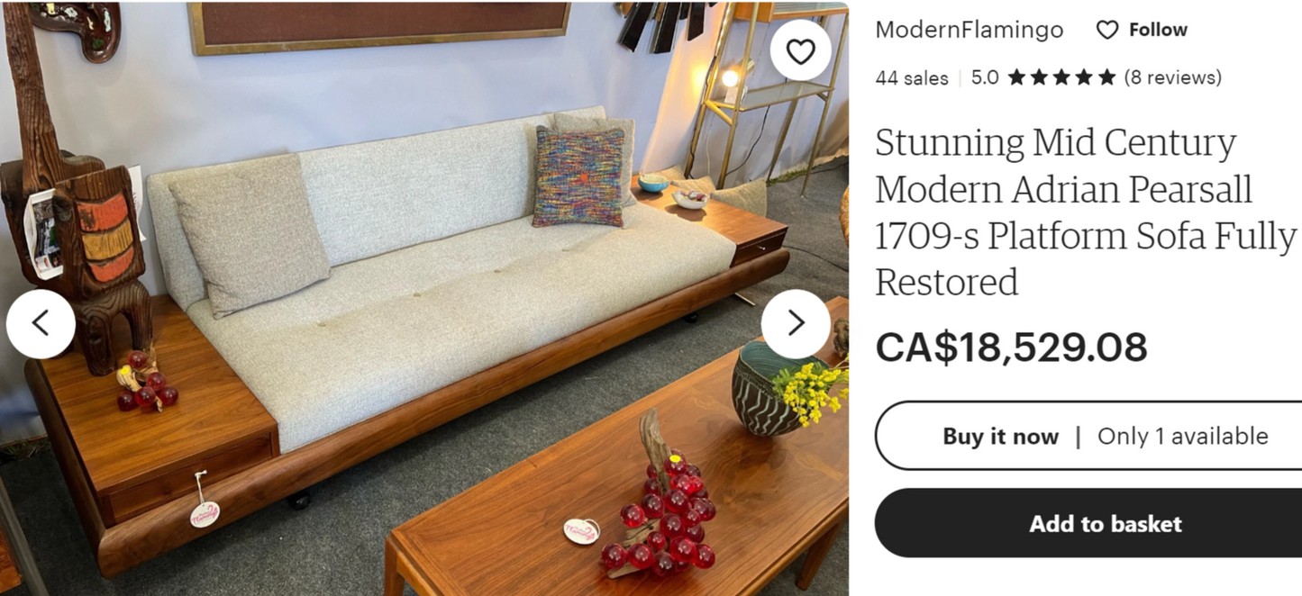 REFINISHED will be REUPHOLSTERED Mid Century Modern A. Pearsall 1709-s Sofa