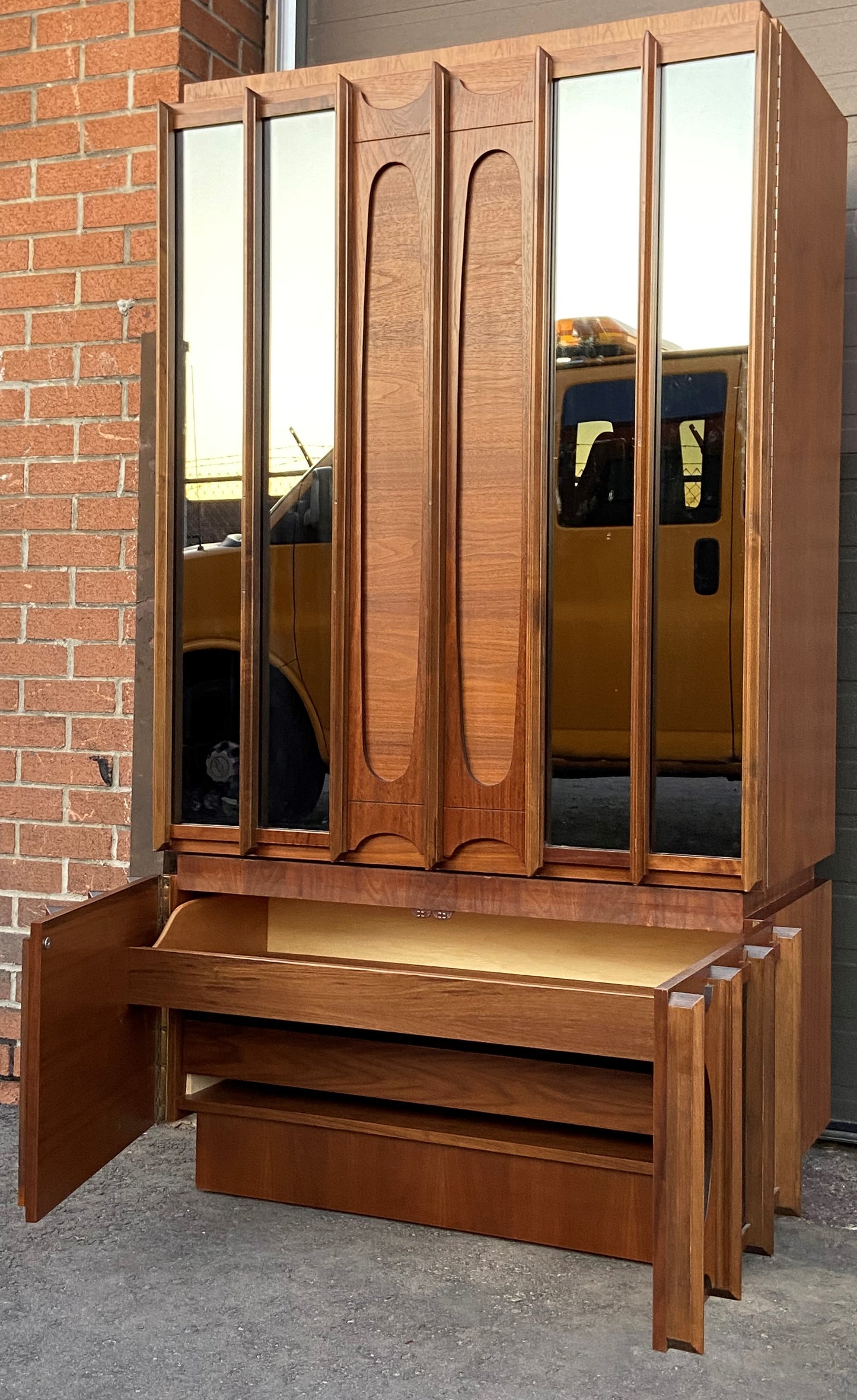 RESTORED Rare MCM Teak & Walnut Mirrored Brutalist Armoire High Credenza