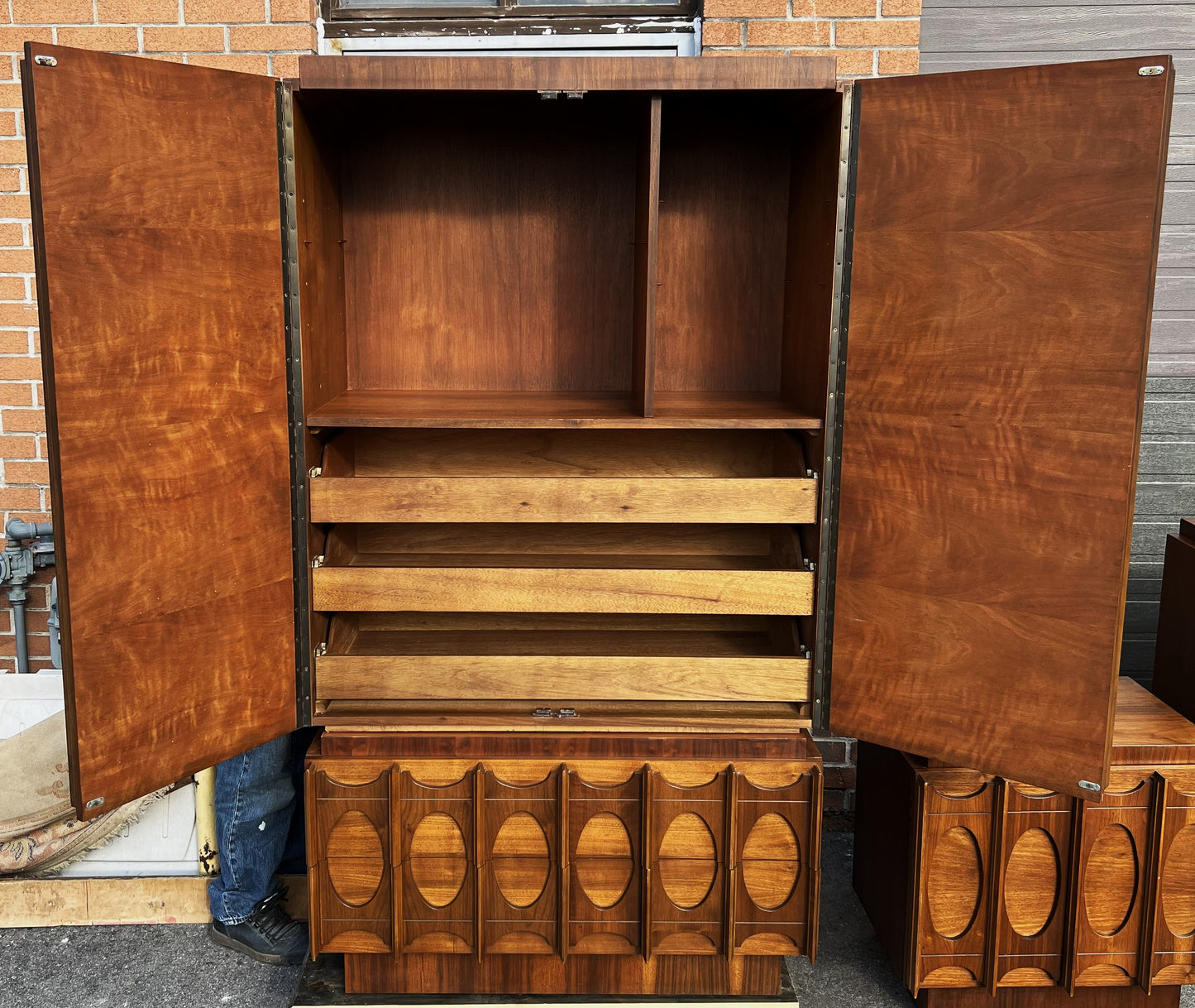 RESTORED Mid Century Modern Walnut Brutalist Armoire High Credenza