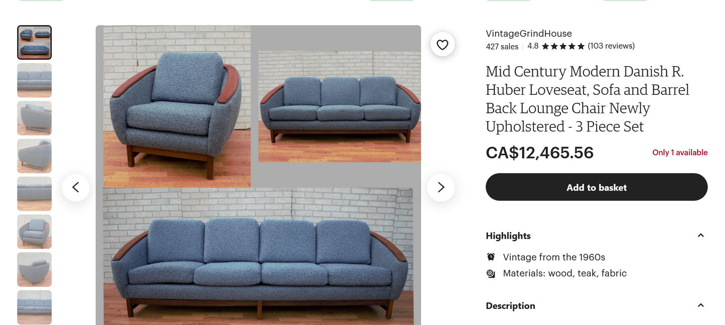 MCM Huber Barrel Back Teak Sofa & Lounge Chair, will be REFINISHED & REUPHOLSTERED