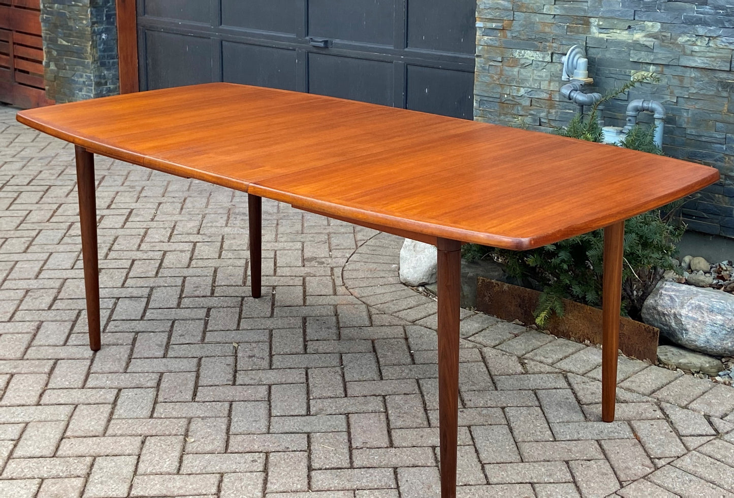 REFINISHED MCM Boat Shaped Teak Table Self storing w 2 Leaves by G. Bahus 63"-96"