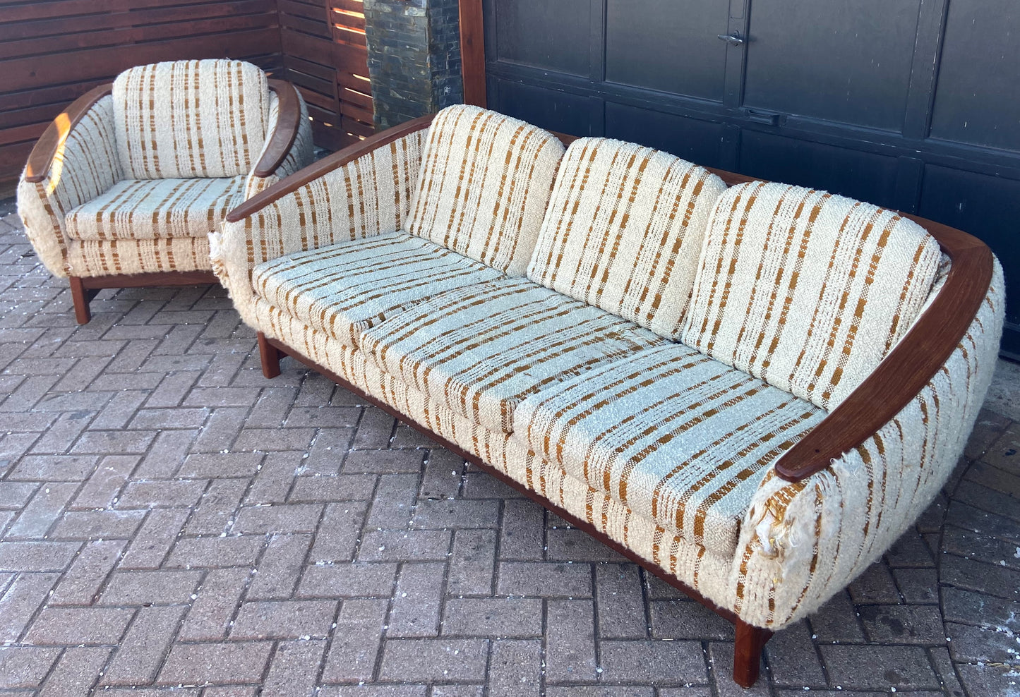 MCM Huber Barrel Back Teak Sofa & Lounge Chair, will be REFINISHED & REUPHOLSTERED