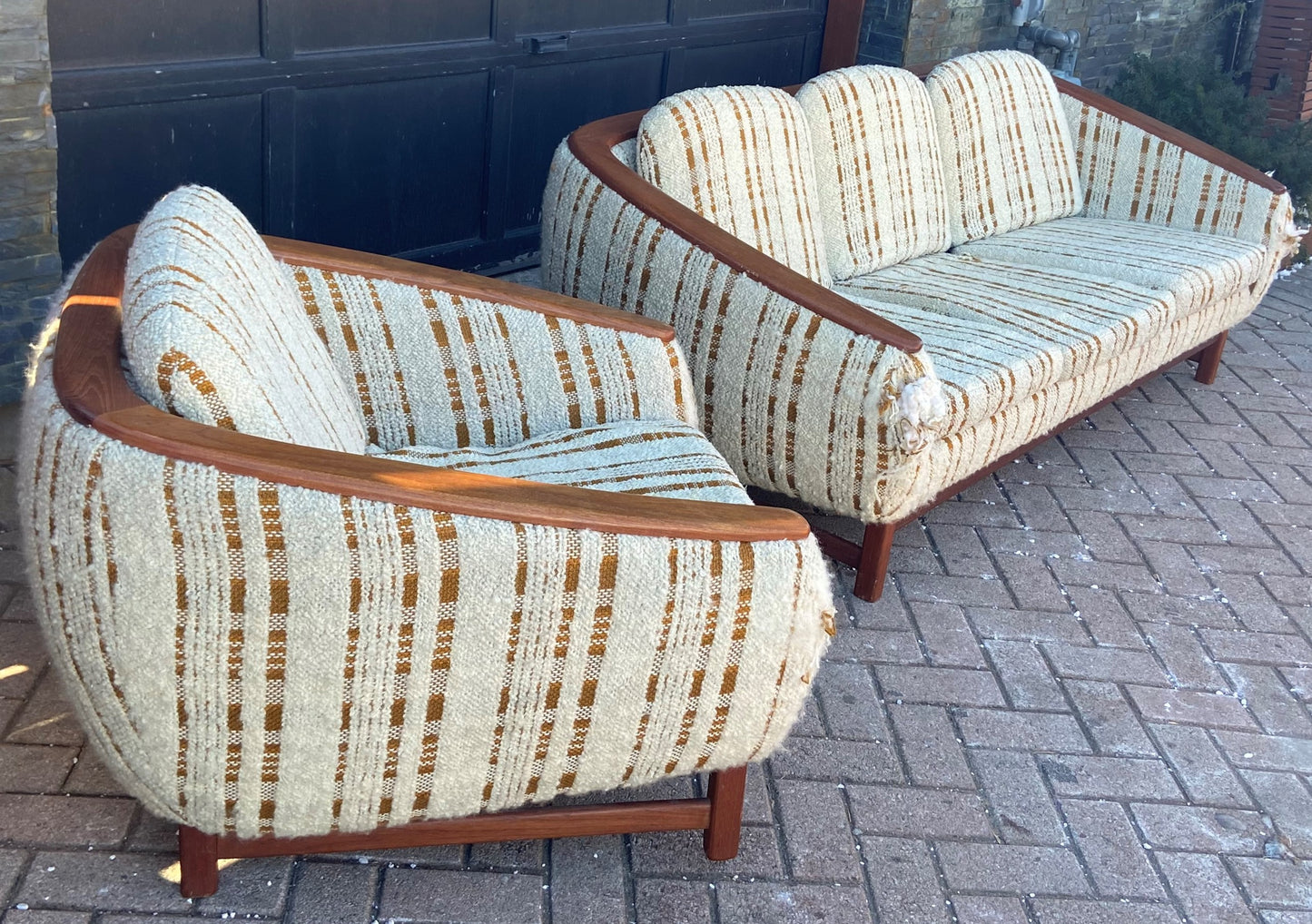 MCM Huber Barrel Back Teak Sofa & Lounge Chair, will be REFINISHED & REUPHOLSTERED