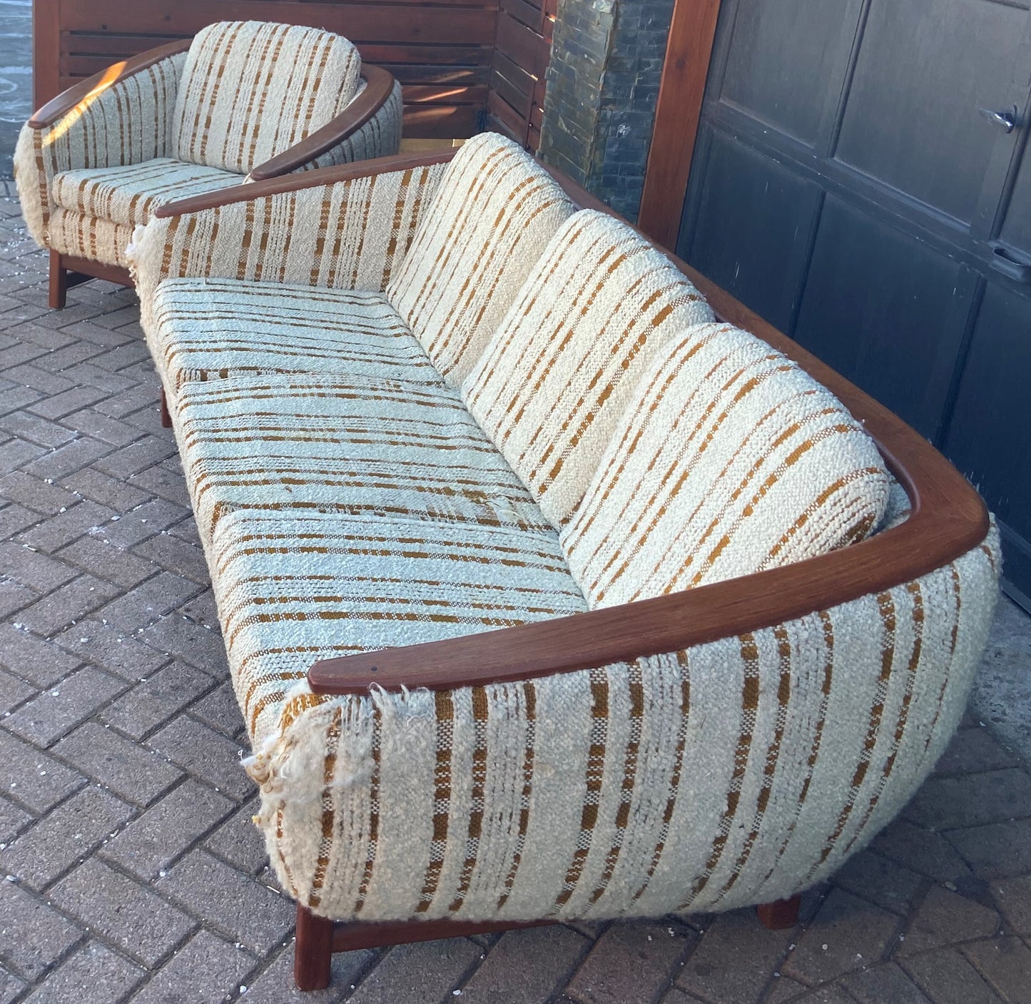 MCM Huber Barrel Back Teak Sofa & Lounge Chair, will be REFINISHED & REUPHOLSTERED