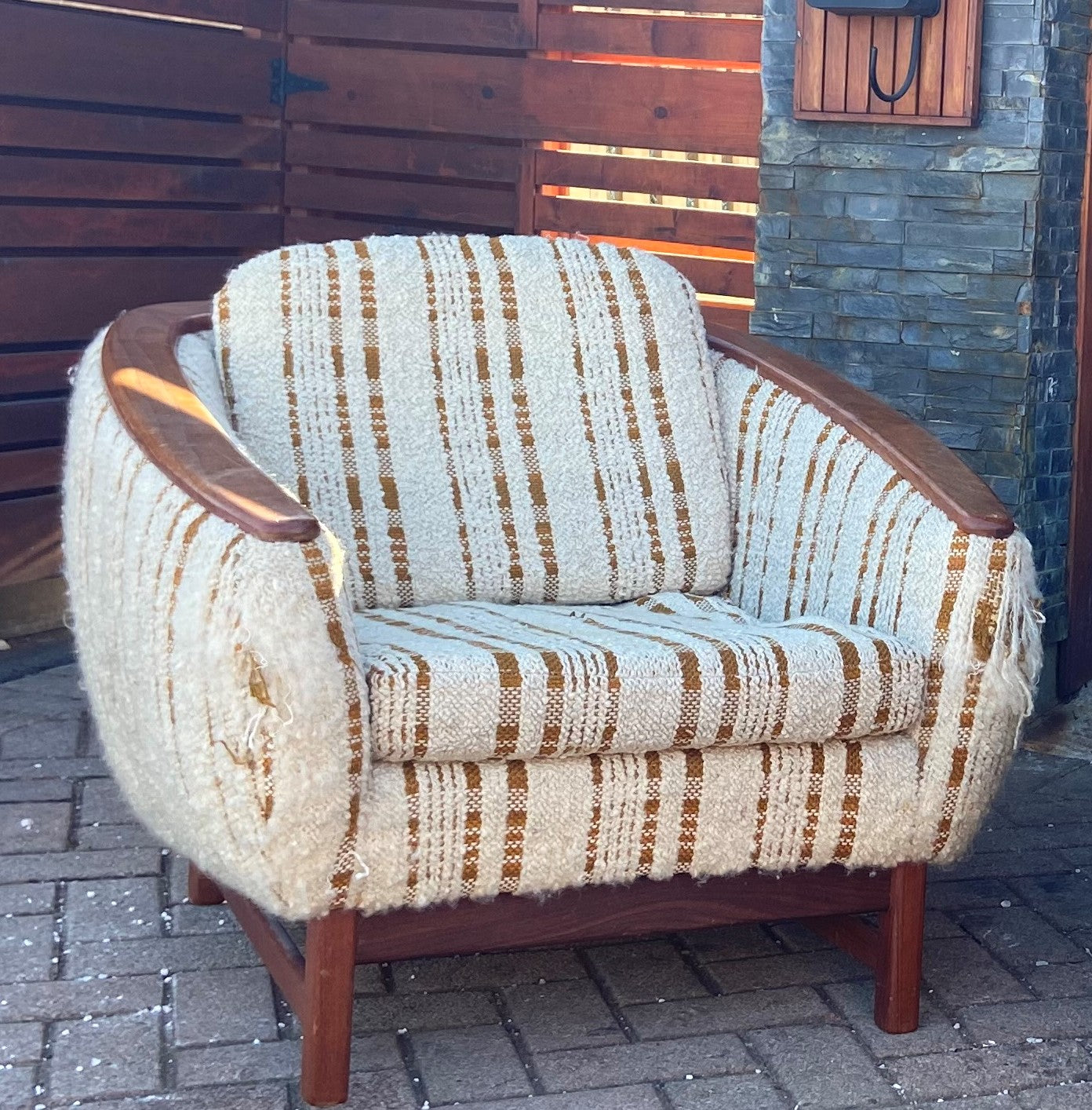 MCM Huber Barrel Back Teak Sofa & Lounge Chair, will be REFINISHED & REUPHOLSTERED