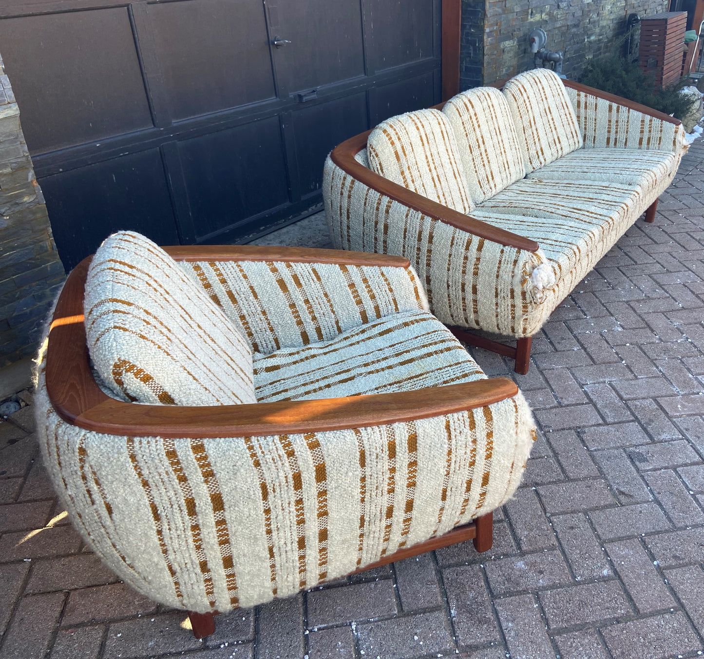MCM Huber Barrel Back Teak Sofa & Lounge Chair, will be REFINISHED & REUPHOLSTERED
