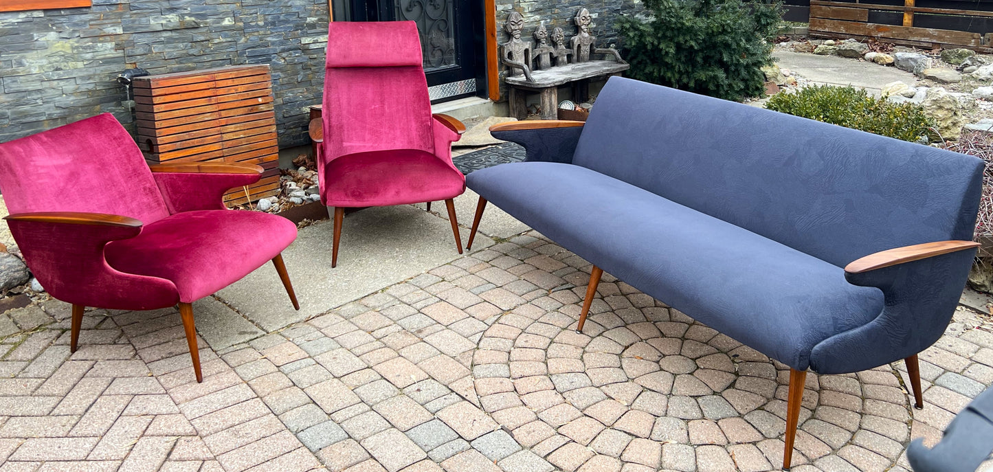 REFINISHED REUPHOLSTERED Mid Century Modern L. Tiengo Sofa & 2 Lounge Chairs