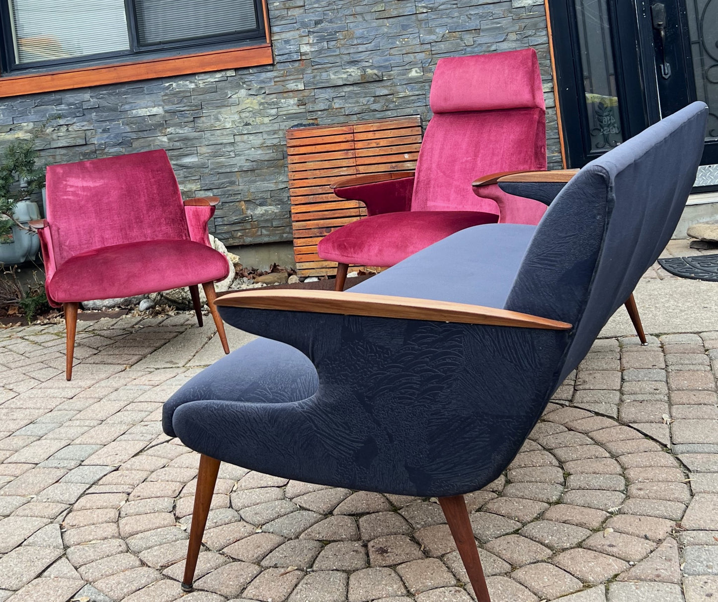 REFINISHED REUPHOLSTERED Mid Century Modern L. Tiengo Sofa & 2 Lounge Chairs