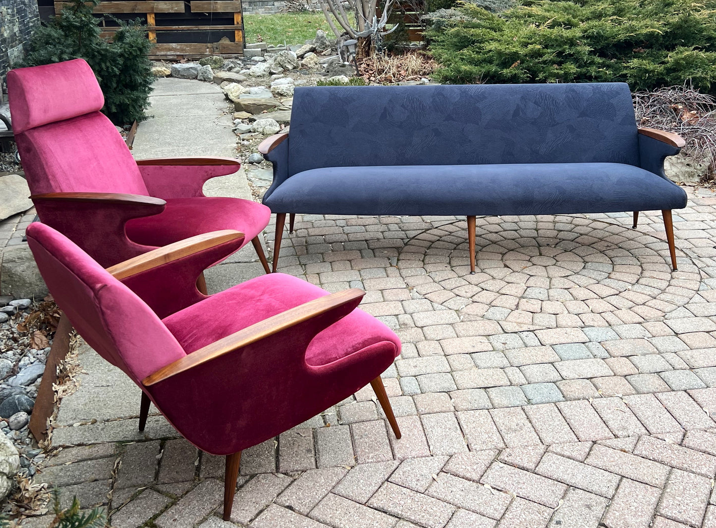 REFINISHED REUPHOLSTERED Mid Century Modern L. Tiengo Sofa & 2 Lounge Chairs