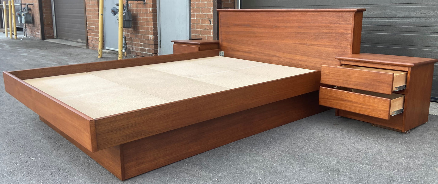 REFINISHED MCM Teak Bed Queen with 2 separate night stands by Mobican, PERFECT