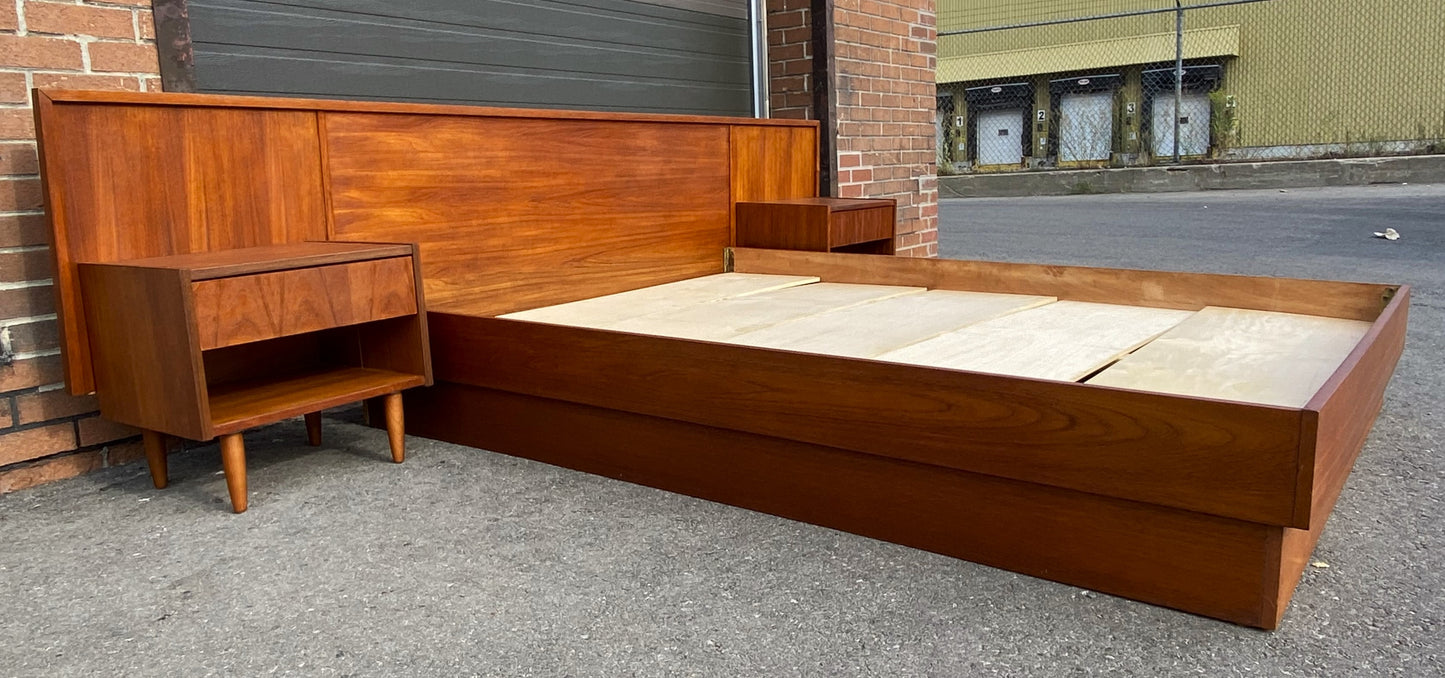 REFINISHED Mid Century Modern teak queen bed & 2 nightstands