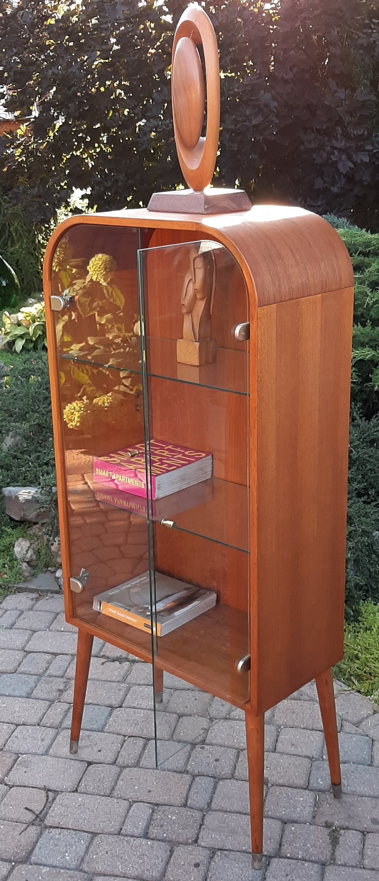 REFINISHED Danish MCM Arched Top Teak Display w Glass Doors & Lighting, 24" PERFECT