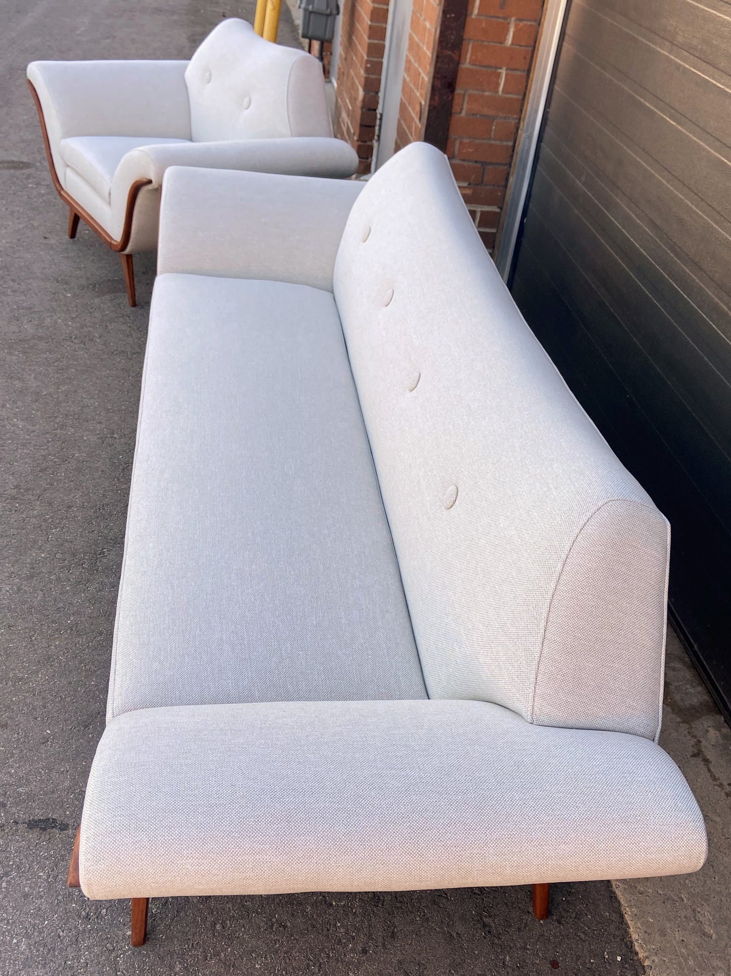 REFINISHED REUPHOLSTERED in Maharam MCM Gondola Sofa & Armchair by L. Tiengo, Perfect