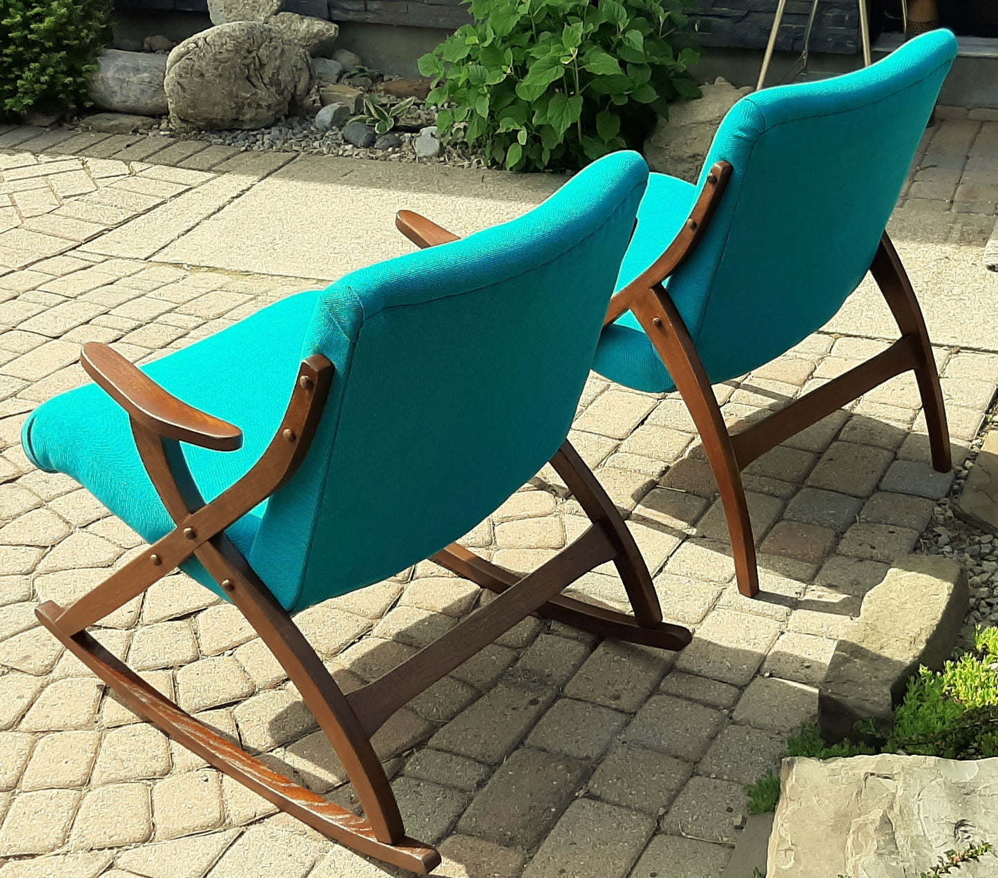 REFINISHED REUPHOLSTERED Set of MCM A- Frame Lounge Chair & Rocking Armchair, compact, PERFECT