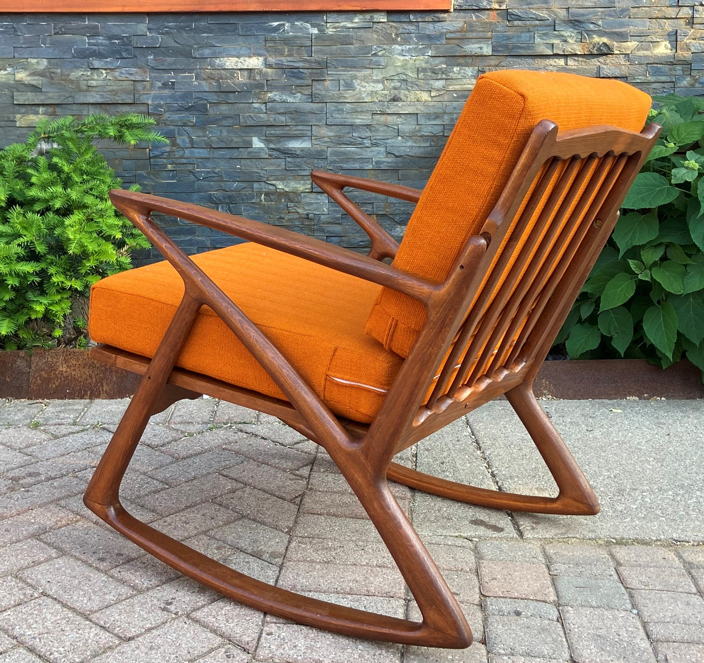 REFINISHED Italian Mid Century Modern Teak Rocking Chair w NEW CUSHIONS, Perfect