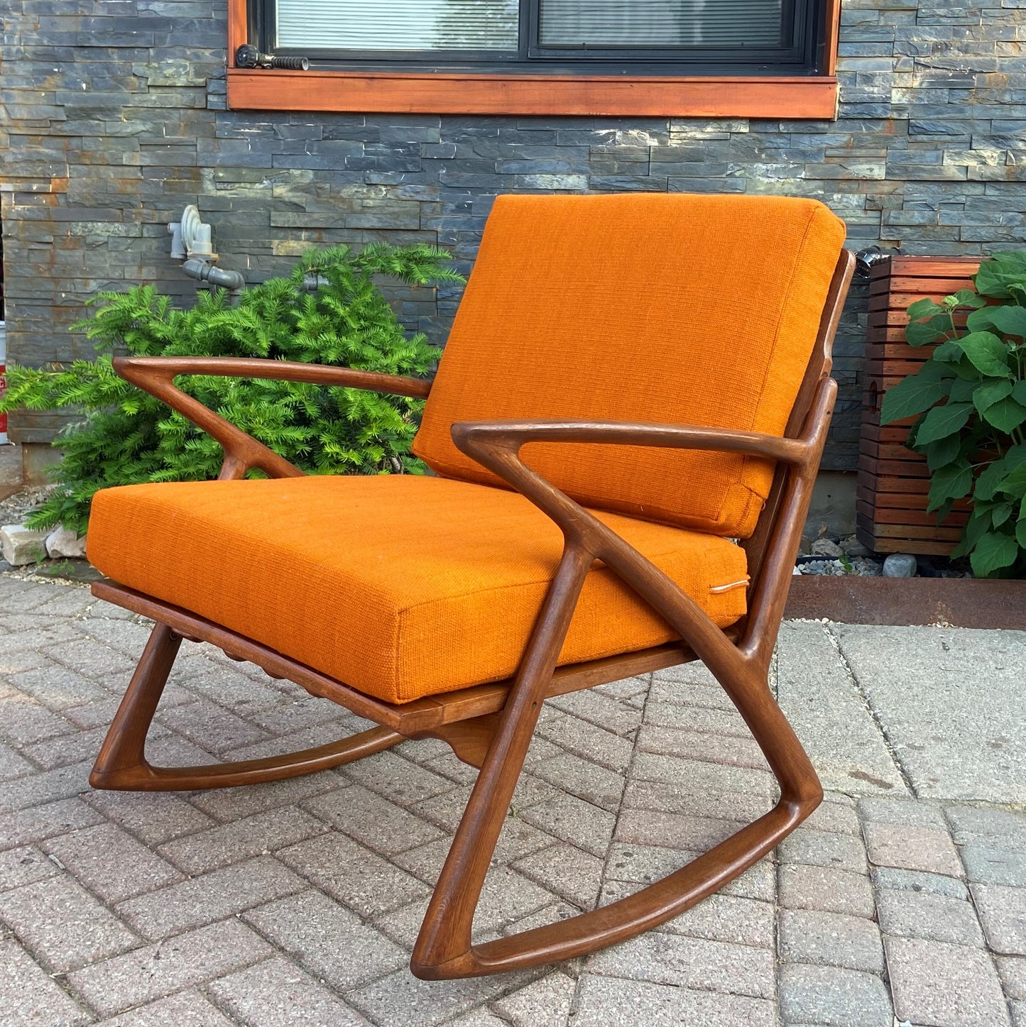 REFINISHED Italian Mid Century Modern Teak Rocking Chair w NEW CUSHIONS, Perfect