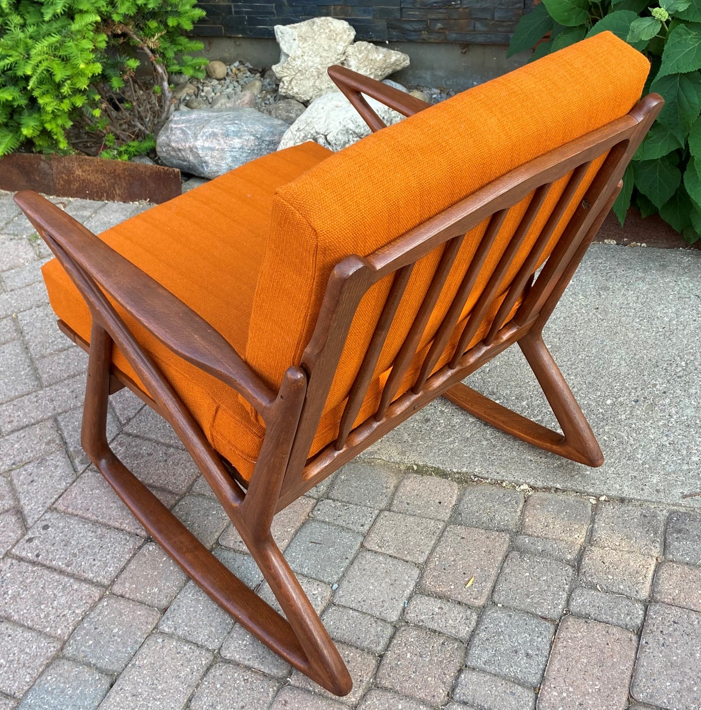 REFINISHED Italian Mid Century Modern Teak Rocking Chair w NEW CUSHIONS, Perfect