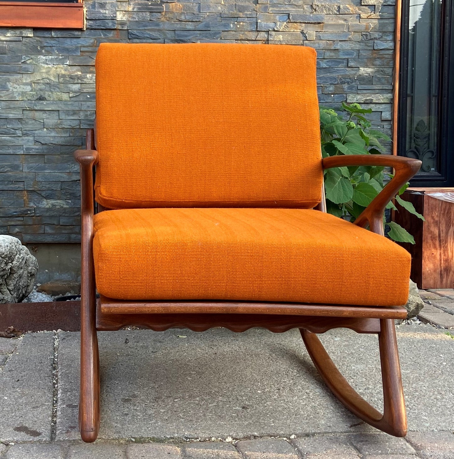 REFINISHED Italian Mid Century Modern Teak Rocking Chair w NEW CUSHIONS, Perfect