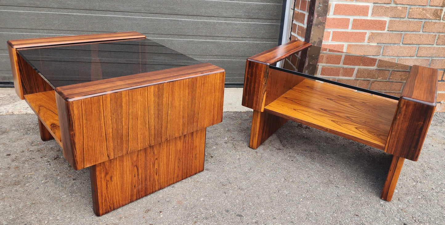 2 RESTORED Mid Century Modern Rosewood End Tables w Storage & Glass Top