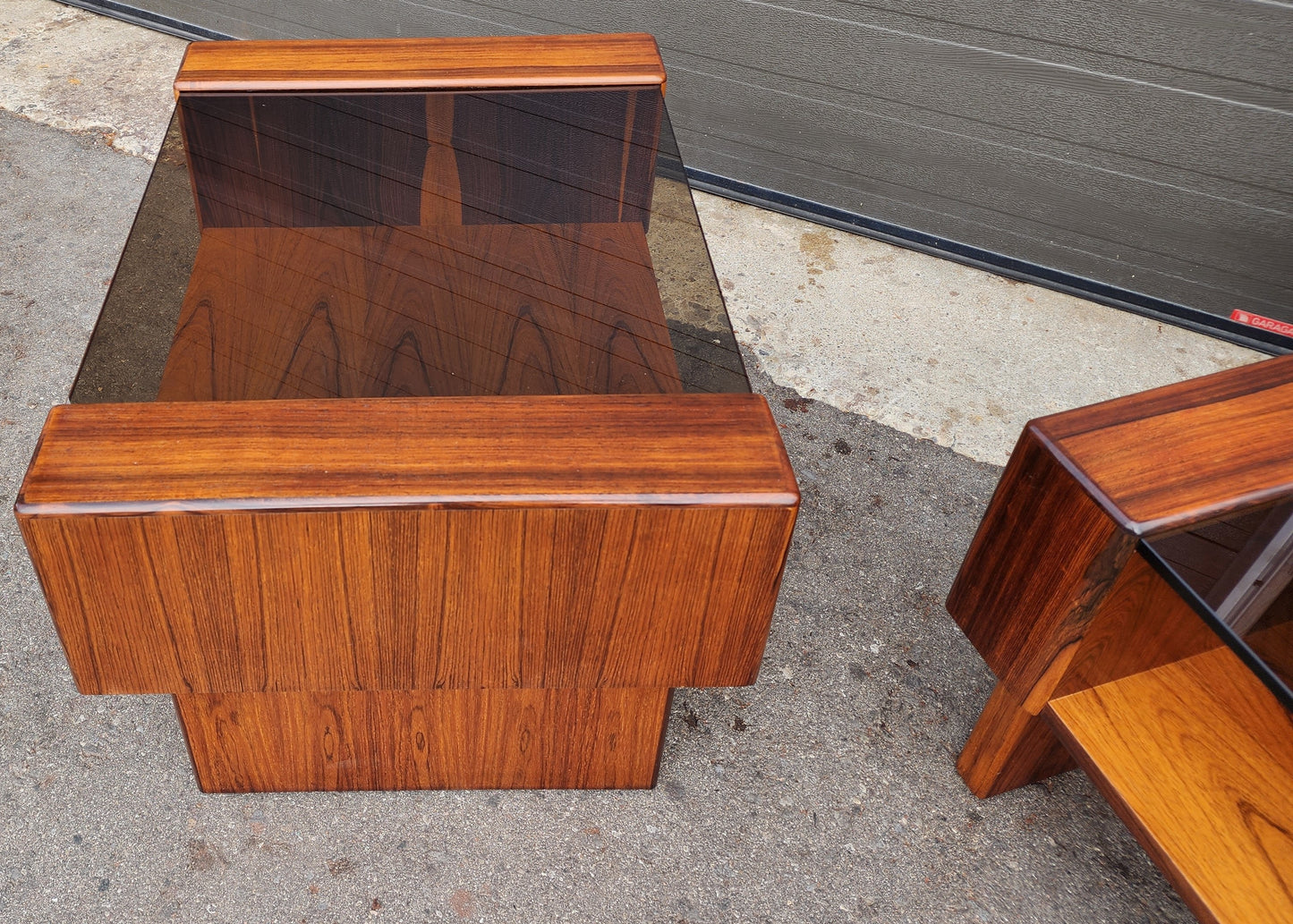 2 RESTORED Mid Century Modern Rosewood End Tables w Storage & Glass Top