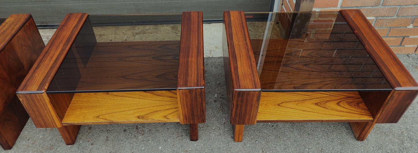 2 RESTORED Mid Century Modern Rosewood End Tables w Storage & Glass Top